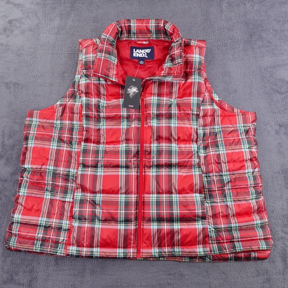 Lands End Puffer Vest Women 3x Red Plaid Quilted Down Filled Outdoors Lumberjack